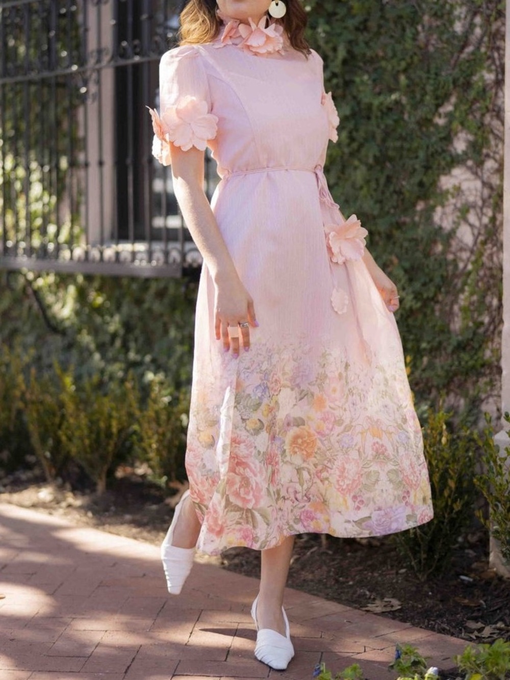 Soft Pink Floral Midi Dress with Petal Appliqué